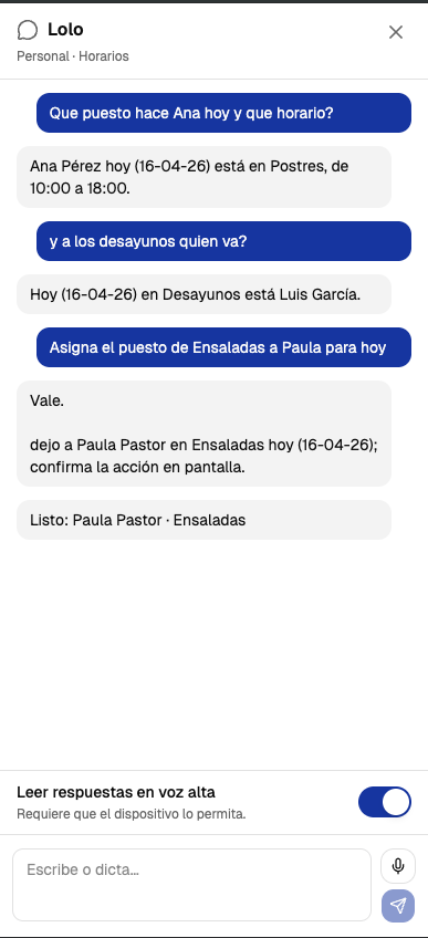 Chat con el asistente Lolo asignando un turno por voz